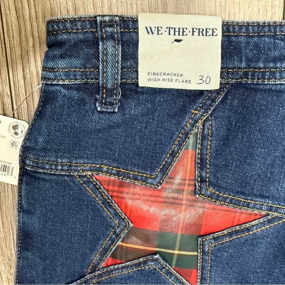 NWT Free People Firecracker Jeans Holiday Tartan Stars Blue Plaid Size 30 - Picture 12 of 13